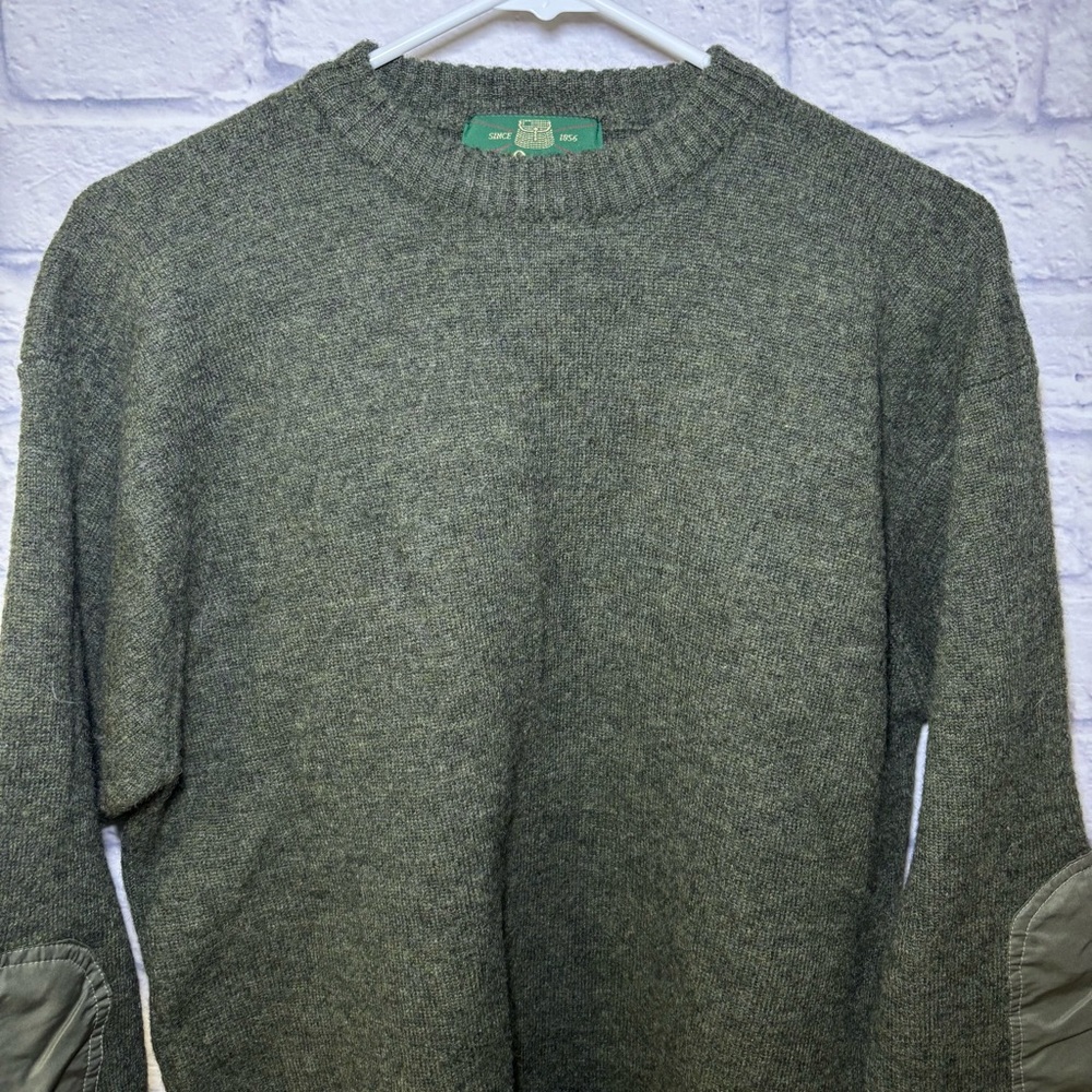 Orvis Sweater Mens Green Wool Crewneck Elbow Patch Shooting Hunting Field Size ?